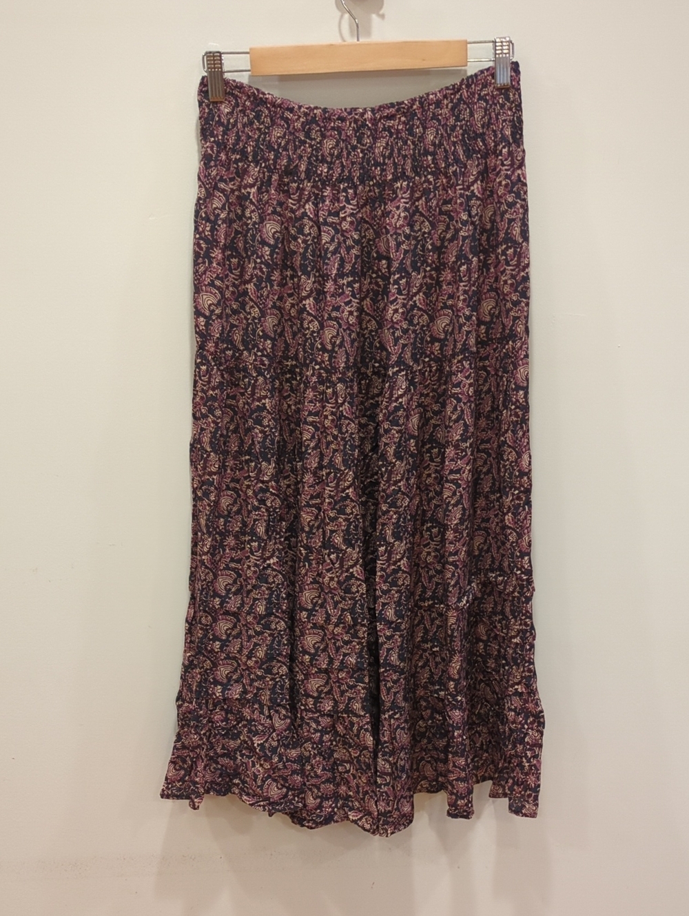 Boho Granola Preppy Cottage Block Print Faherty Purple Navy Maxi Skirt Sz Lg - Picture 2 of 9